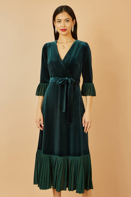 Yumi Green Velvet Wrap Midi Dress with Contrast Hemline