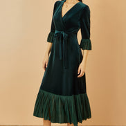 Yumi Green Velvet Wrap Midi Dress with Contrast Hemline