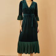 Yumi Green Velvet Wrap Midi Dress with Contrast Hemline