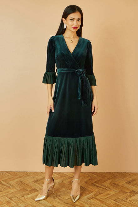 Yumi Green Velvet Wrap Midi Dress with Contrast Hemline