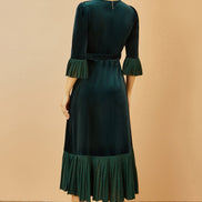 Yumi Green Velvet Wrap Midi Dress with Contrast Hemline