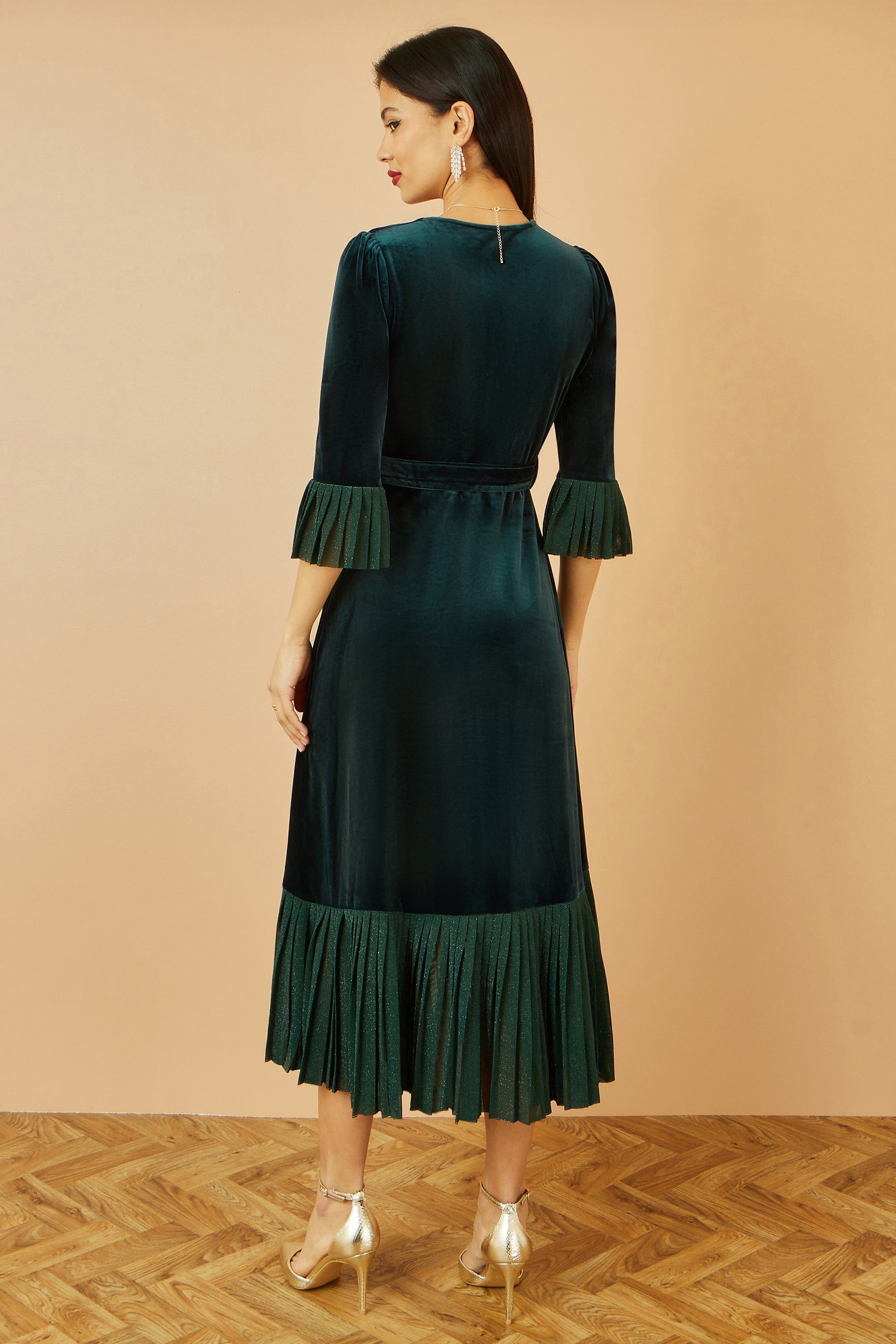 Yumi Green Velvet Wrap Midi Dress with Contrast Hemline