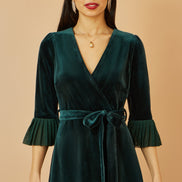 Yumi Green Velvet Wrap Midi Dress with Contrast Hemline