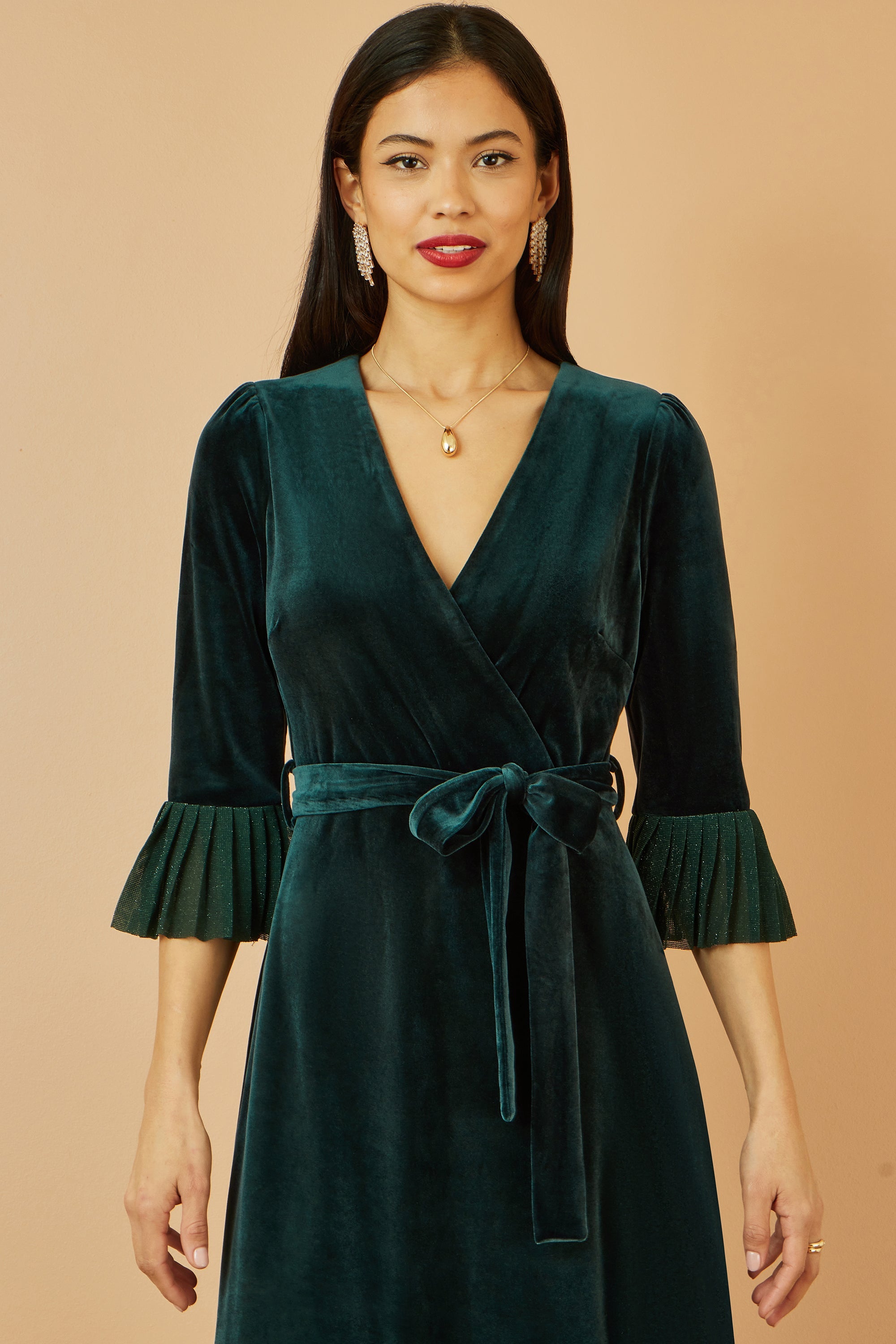 Yumi Green Velvet Wrap Midi Dress with Contrast Hemline
