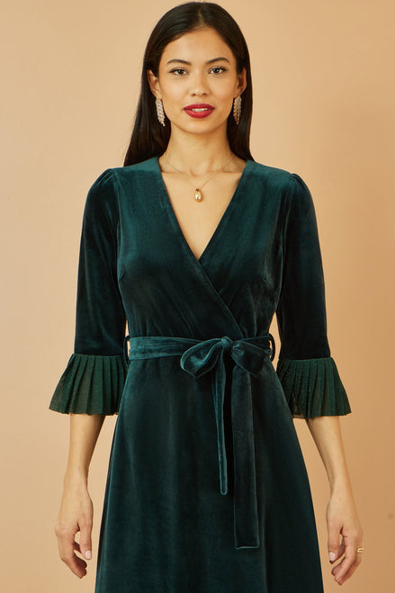 Yumi Green Velvet Wrap Midi Dress with Contrast Hemline