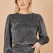Yumi Black Metallic Stretch Ruched Hem Top