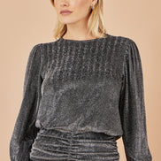 Yumi Black Metallic Stretch Ruched Hem Top