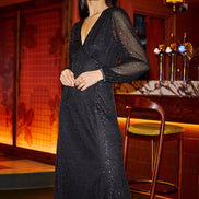 Yumi Black Sequin Long Sleeve Midi Dress