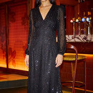 Yumi Black Sequin Long Sleeve Midi Dress