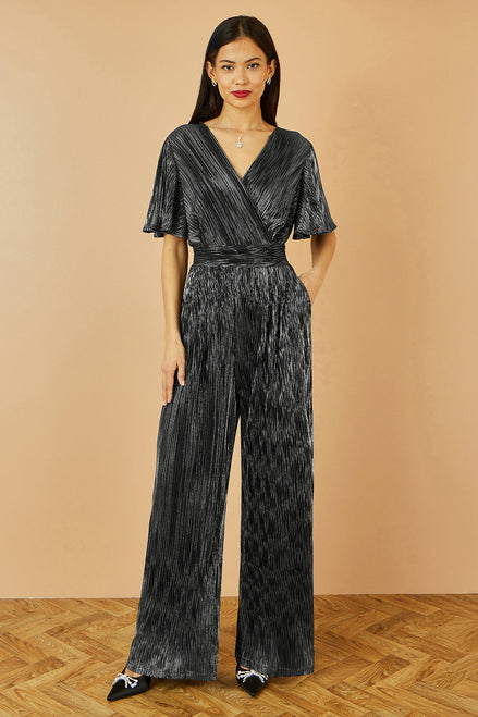 Yumi Black Metallic Pleated Jumpsuit with V Neck