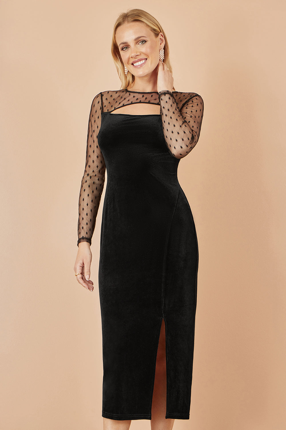 Yumi Black Velvet Midi Dress with Slash Neckline and Sheer Sleeves