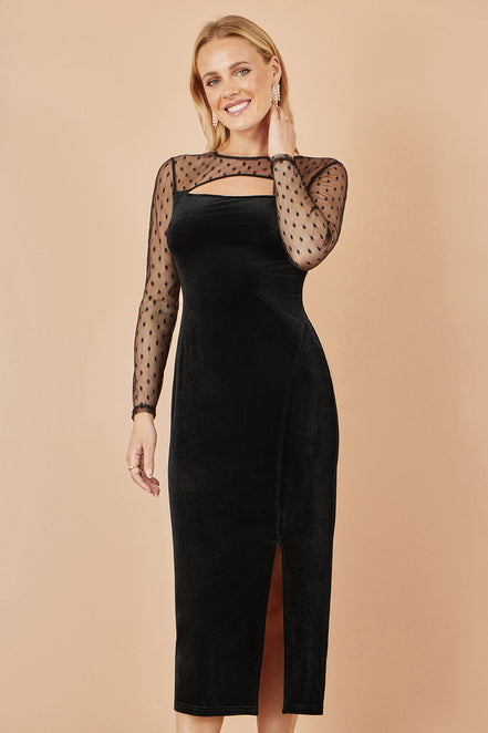 Yumi Black Velvet Midi Dress with Slash Neckline and Sheer Sleeves