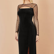Yumi Black Velvet Midi Dress with Slash Neckline and Sheer Sleeves