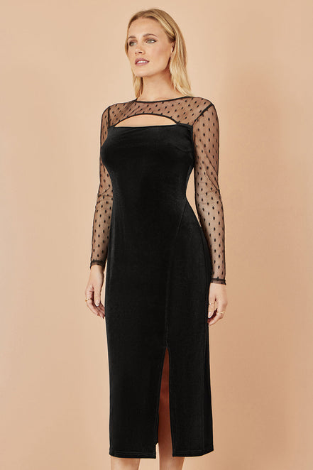 Yumi Black Velvet Midi Dress with Slash Neckline and Sheer Sleeves