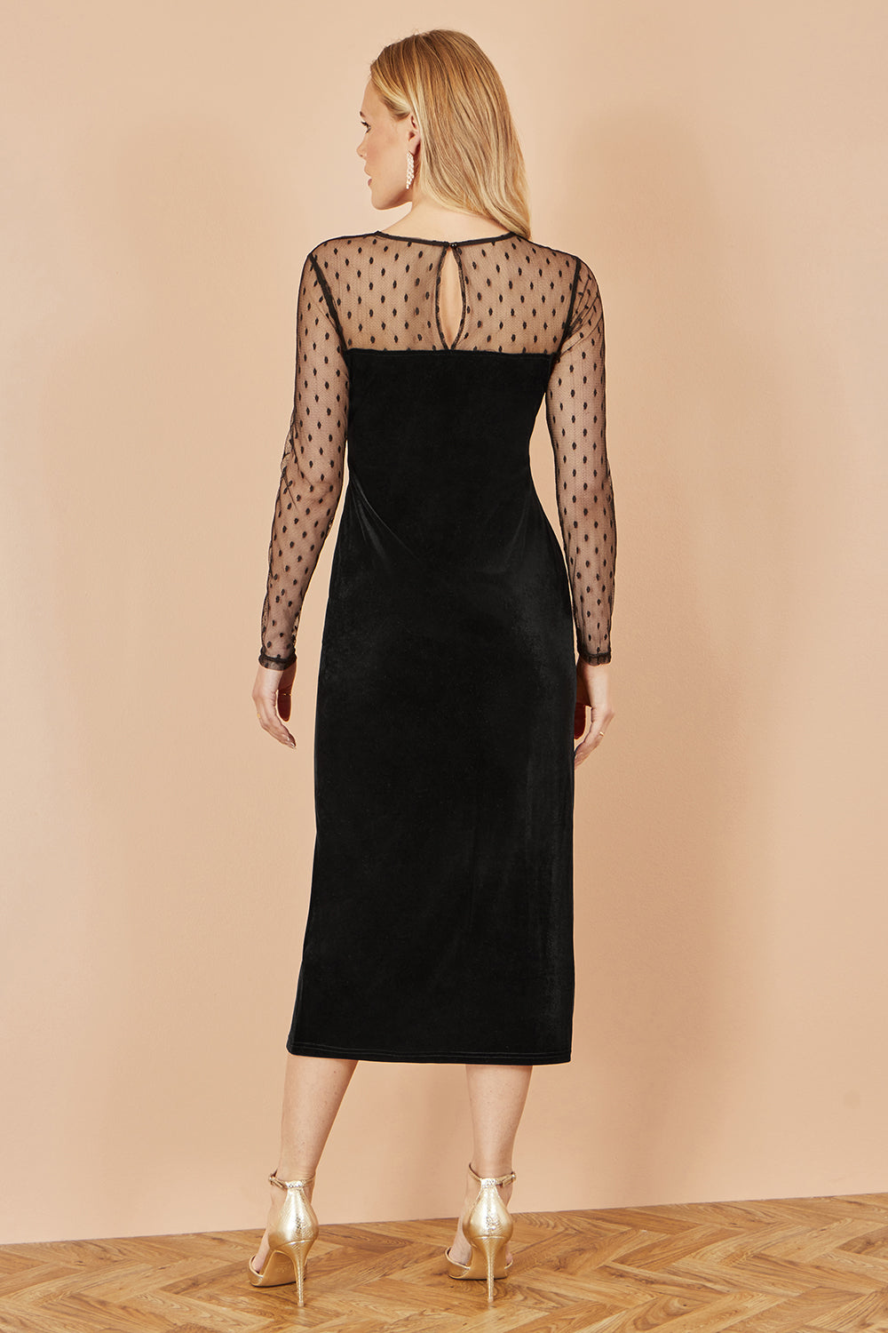 Yumi Black Velvet Midi Dress with Slash Neckline and Sheer Sleeves