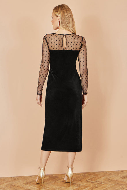 Yumi Black Velvet Midi Dress with Slash Neckline and Sheer Sleeves
