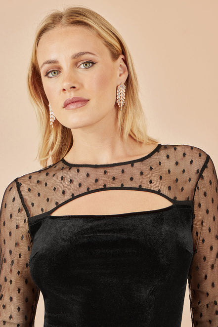 Yumi Black Velvet Midi Dress with Slash Neckline and Sheer Sleeves