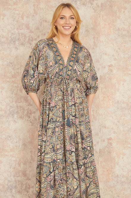 Yumi Multicolour Paisley Print Midi Kimono Dress with Tie Back
