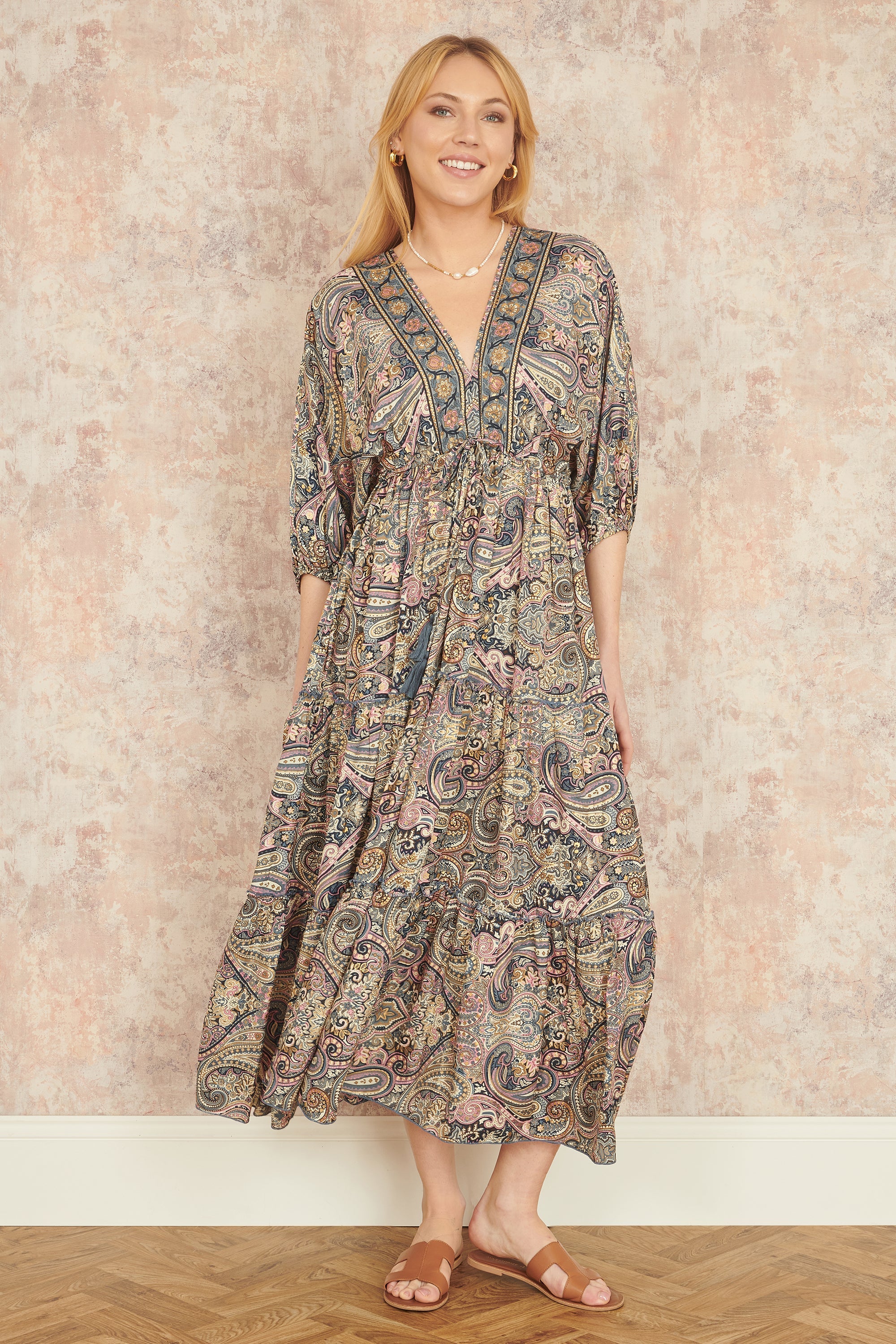 Yumi Multicolour Paisley Print Midi Kimono Dress with Tie Back