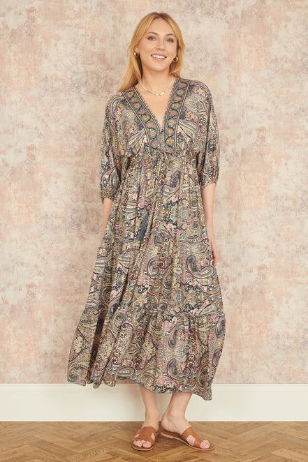 Yumi Multicolour Paisley Print Midi Kimono Dress with Tie Back