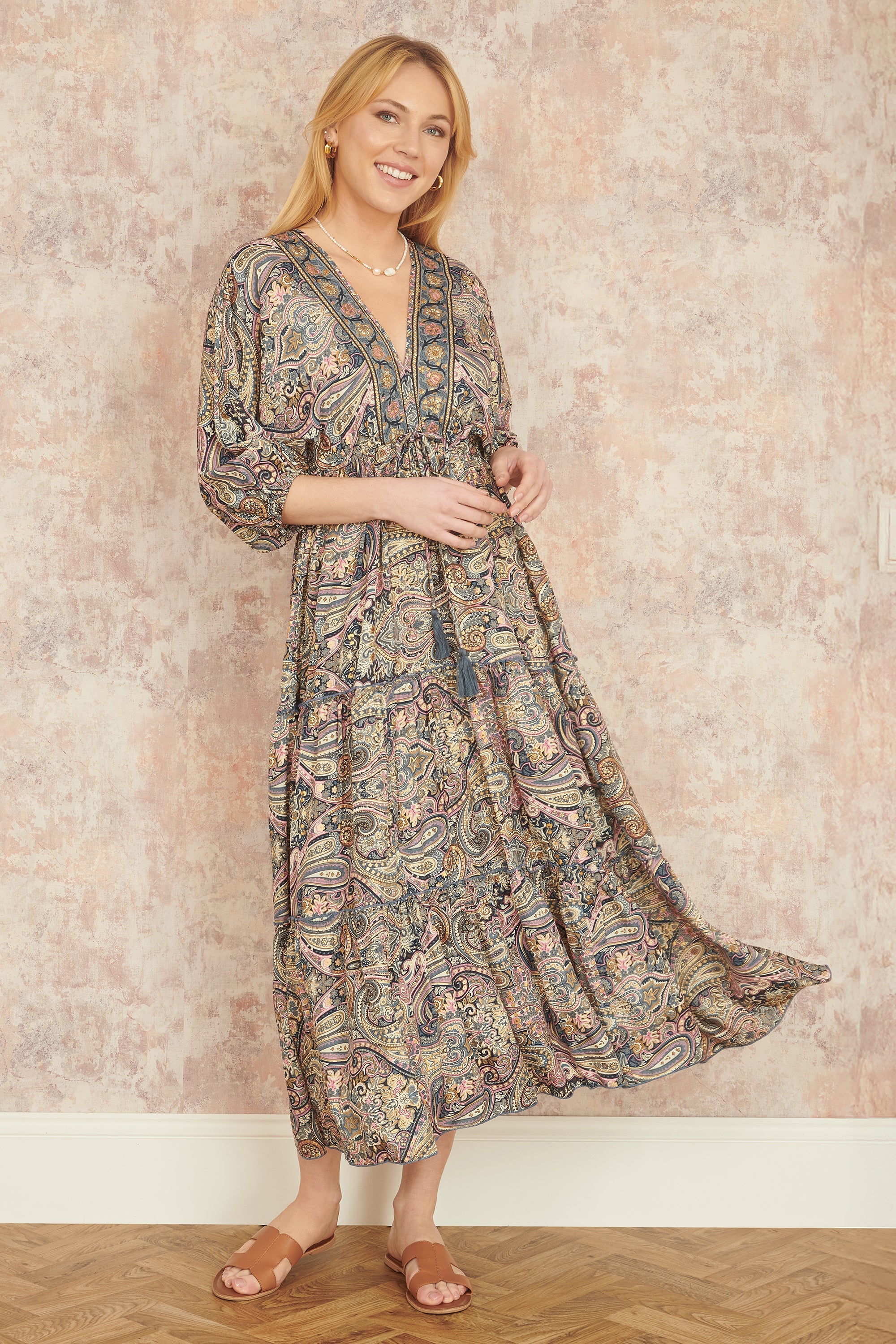 Yumi Multicolour Paisley Print Midi Kimono Dress with Tie Back
