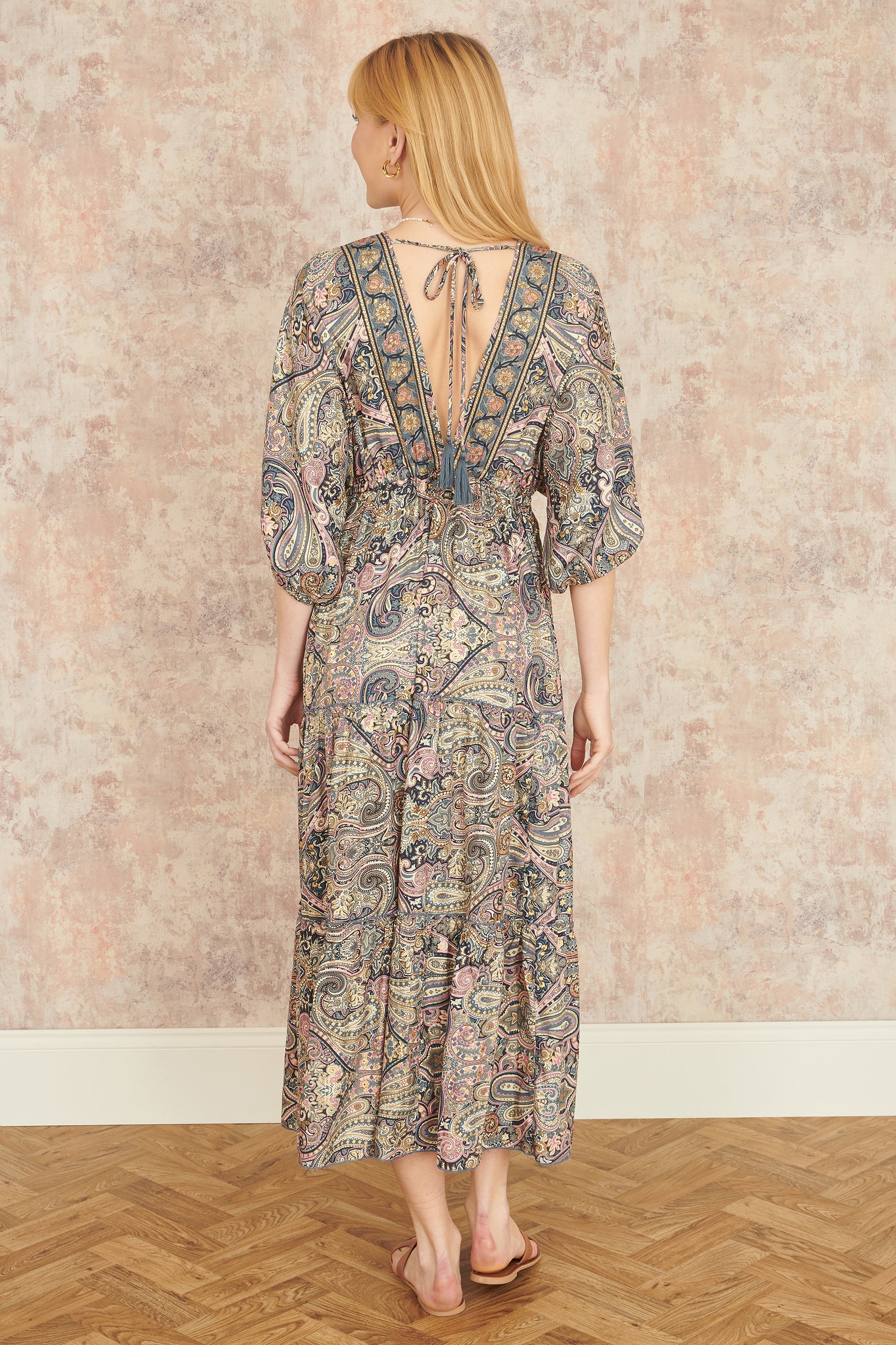 Yumi Multicolour Paisley Print Midi Kimono Dress with Tie Back