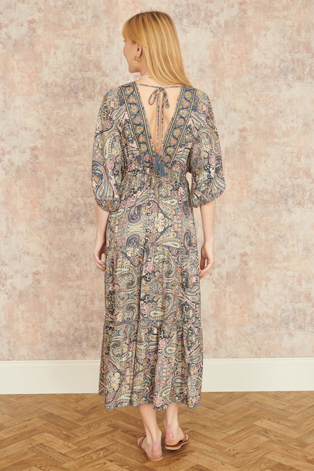 Yumi Multicolour Paisley Print Midi Kimono Dress with Tie Back