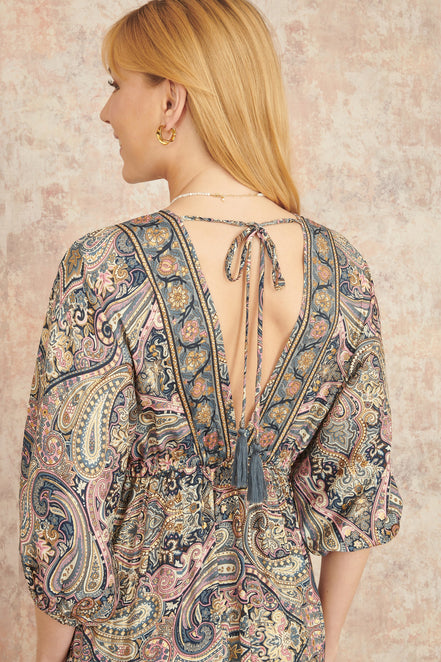 Yumi Multicolour Paisley Print Midi Kimono Dress with Tie Back
