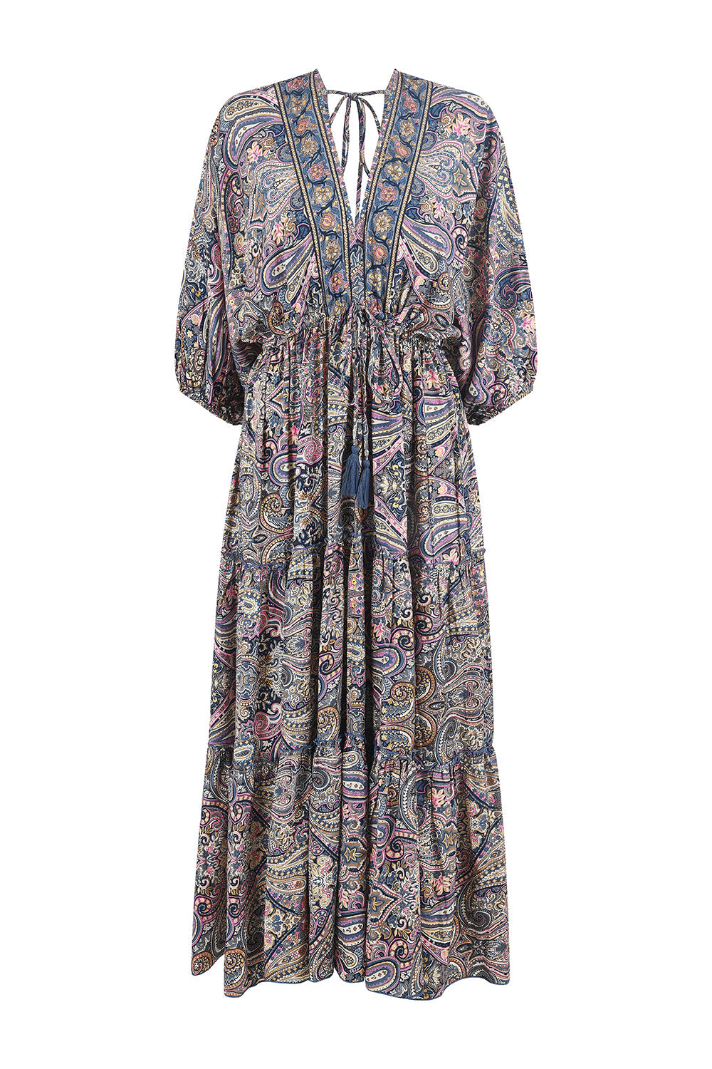 Yumi Multicolour Paisley Print Midi Kimono Dress with Tie Back