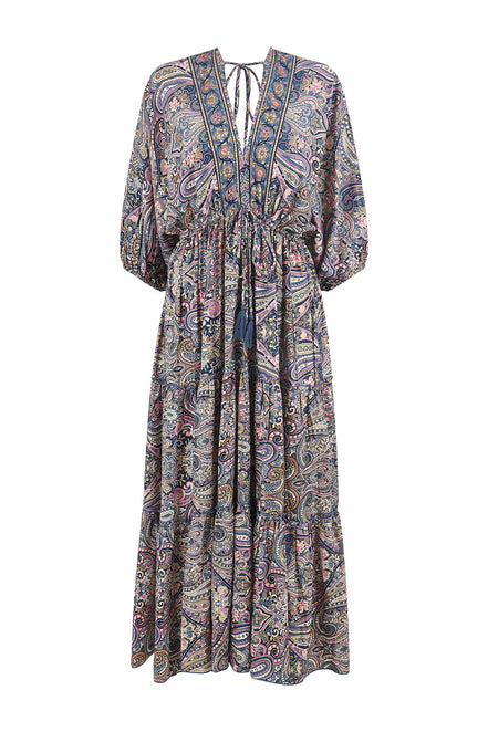 Yumi Multicolour Paisley Print Midi Kimono Dress with Tie Back