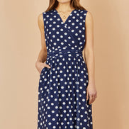Yumi Navy Polka Dot Mesh Wrap Skater Dress with Pockets