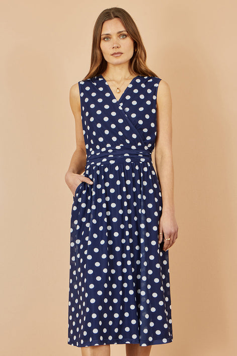 Yumi Navy Polka Dot Mesh Wrap Skater Dress With Pockets