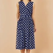 Yumi Navy Polka Dot Mesh Wrap Skater Dress with Pockets
