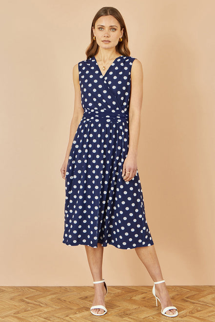 Yumi Navy Polka Dot Mesh Wrap Skater Dress with Pockets