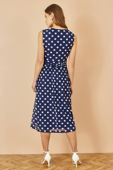 Yumi Navy Polka Dot Mesh Wrap Skater Dress With Pockets