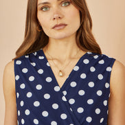 Yumi Navy Polka Dot Mesh Wrap Skater Dress with Pockets