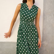 Yumi Green Polka Dot Mesh Wrap Skater Dress with Pockets