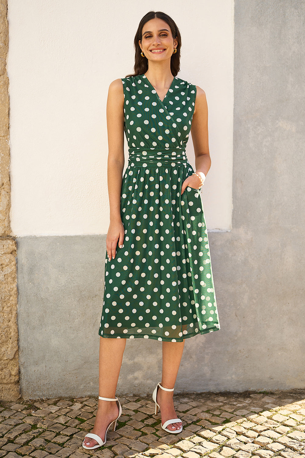 Yumi Green Polka Dot Mesh Wrap Skater Dress with Pockets