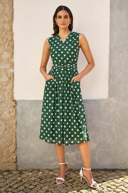 Yumi Green Polka Dot Mesh Wrap Skater Dress with Pockets