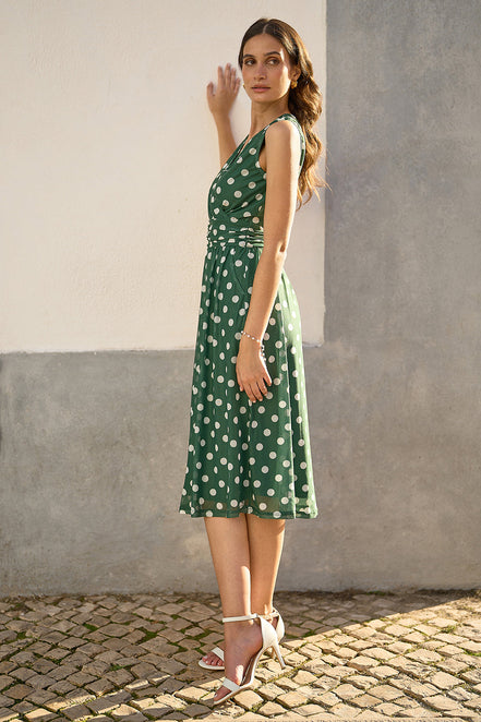 Yumi Green Polka Dot Mesh Wrap Skater Dress with Pockets
