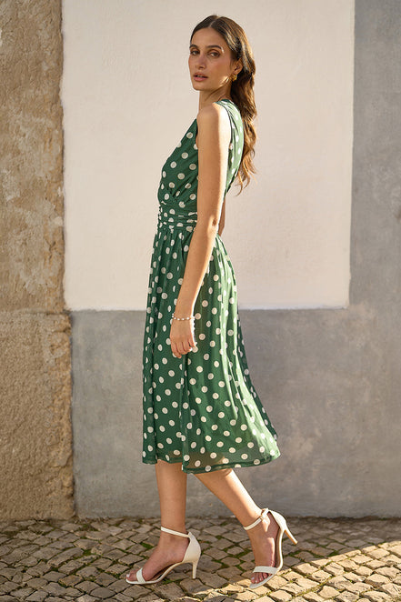Yumi Green Polka Dot Mesh Wrap Skater Dress with Pockets