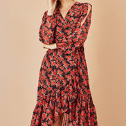 Yumi Red Rose Print Dipped Hemline Midi Dress with Open Long Sleeves