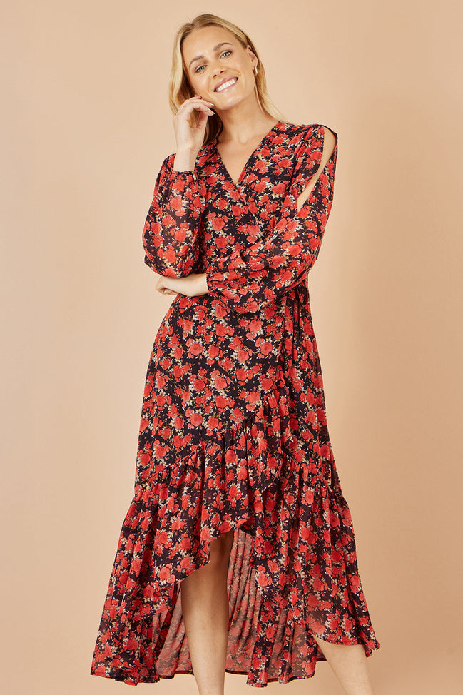 Yumi Red Rose Print Dipped Hemline Midi Dress with Open Long Sleeves