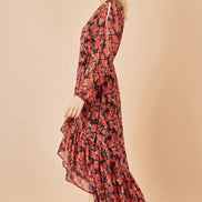 Yumi Red Rose Print Dipped Hemline Midi Dress with Open Long Sleeves