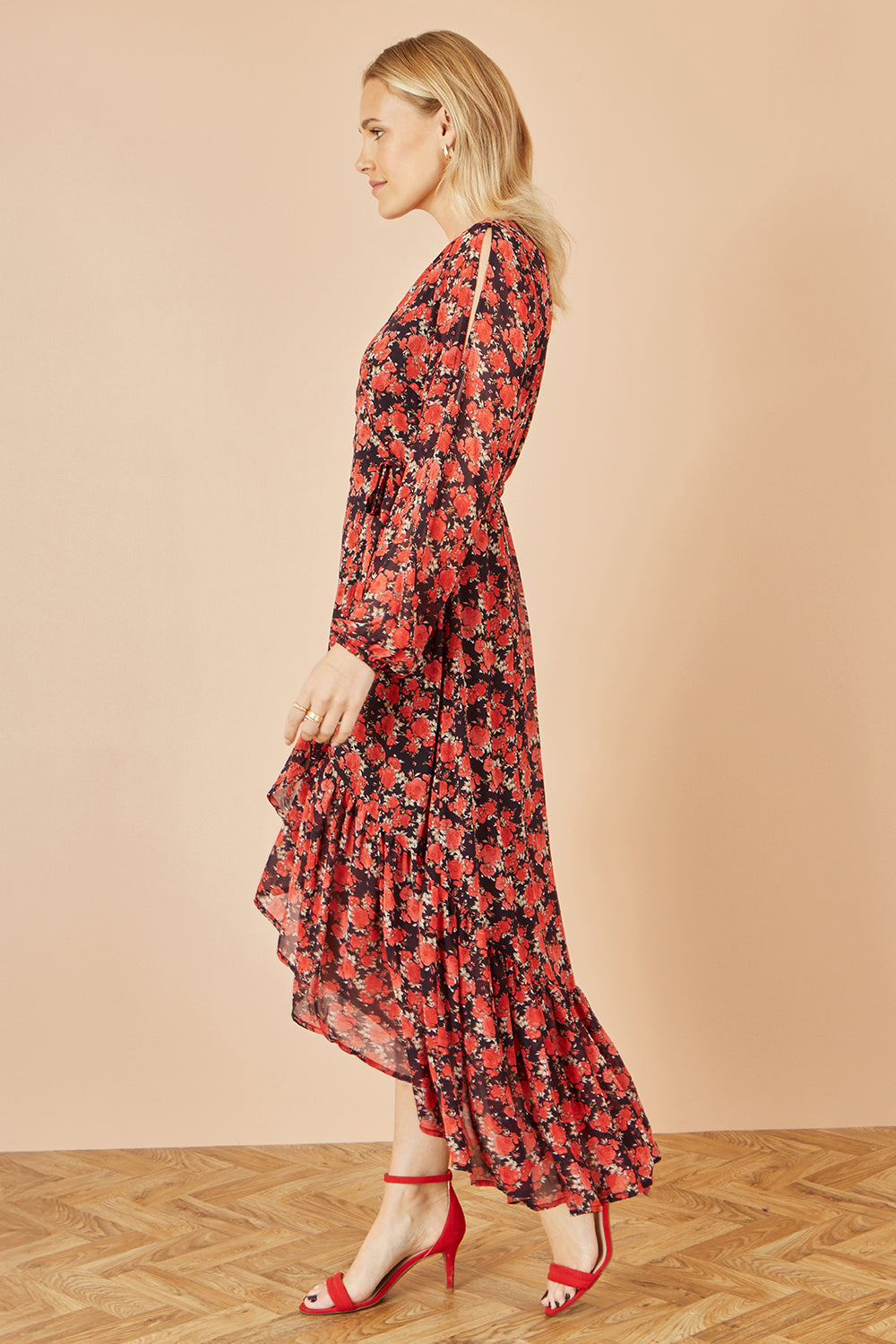 Yumi Red Rose Print Dipped Hemline Midi Dress with Open Long Sleeves