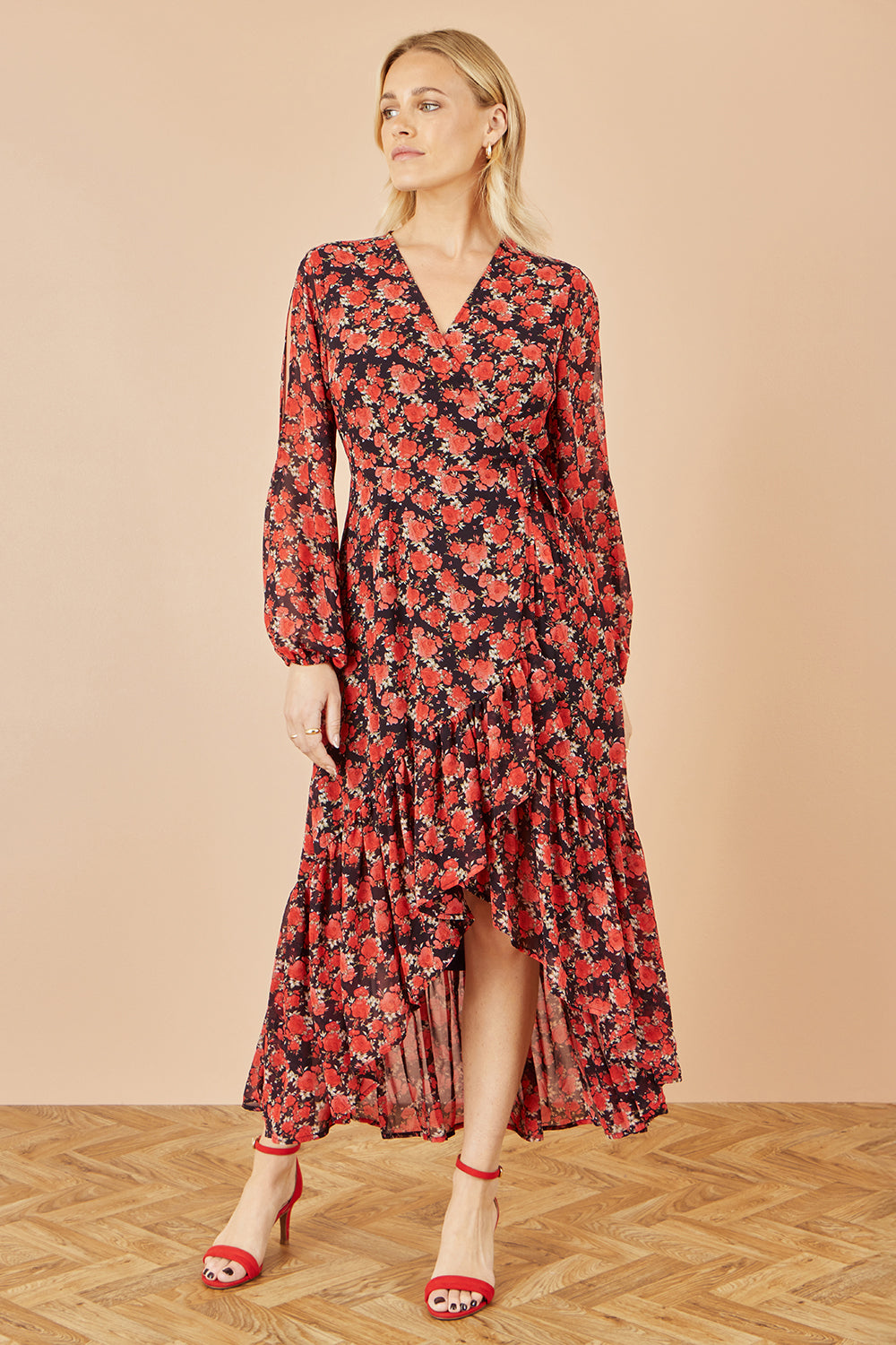 Yumi Red Rose Print Dipped Hemline Midi Dress with Open Long Sleeves