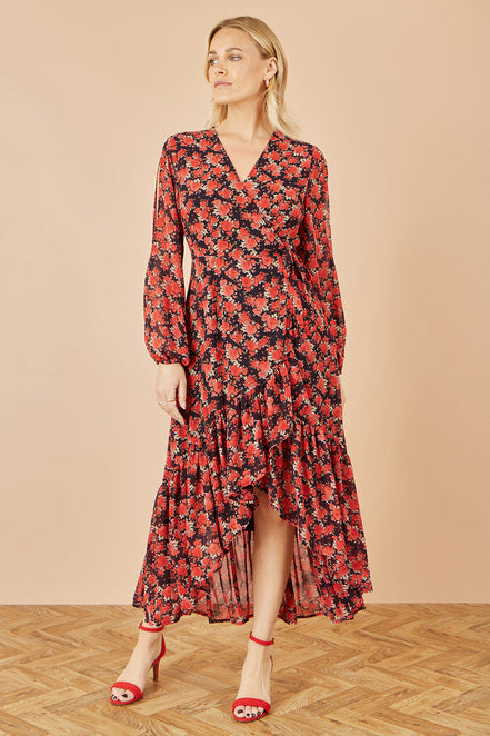 Yumi Red Rose Print Dipped Hemline Midi Dress with Open Long Sleeves