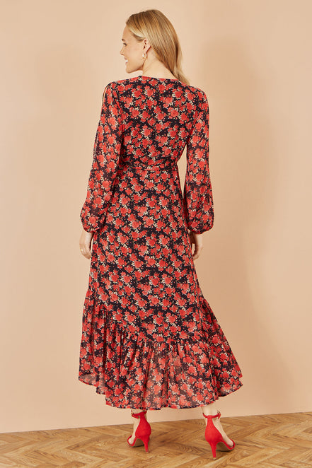 Yumi Red Rose Print Dipped Hemline Midi Dress with Open Long Sleeves