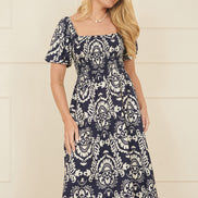 Yumi Navy Aztec Print Ruched Midi Dress
