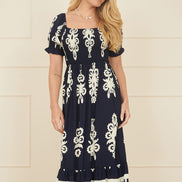 Yumi Navy Block Print Viscose Ruched Midi Dress